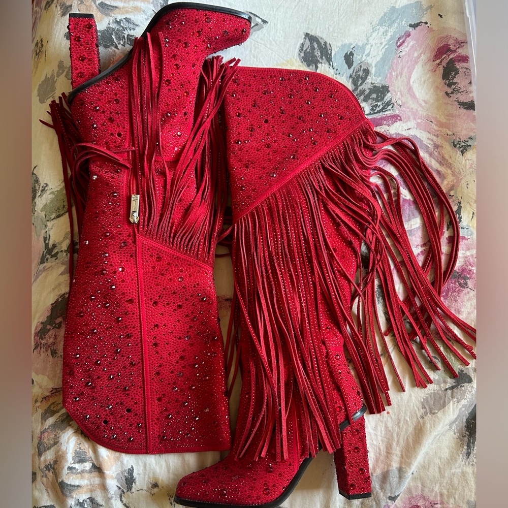 Red Jessica Simpson sparkly boots